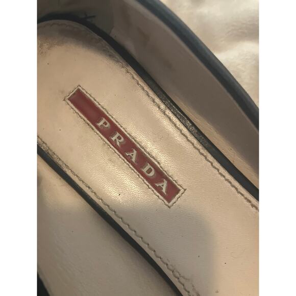 PRADA Bow Front Shoes w Chunky Block Heel Napa Leather Black 39.5 9.5 Gold Logo - Picture 5 of 12